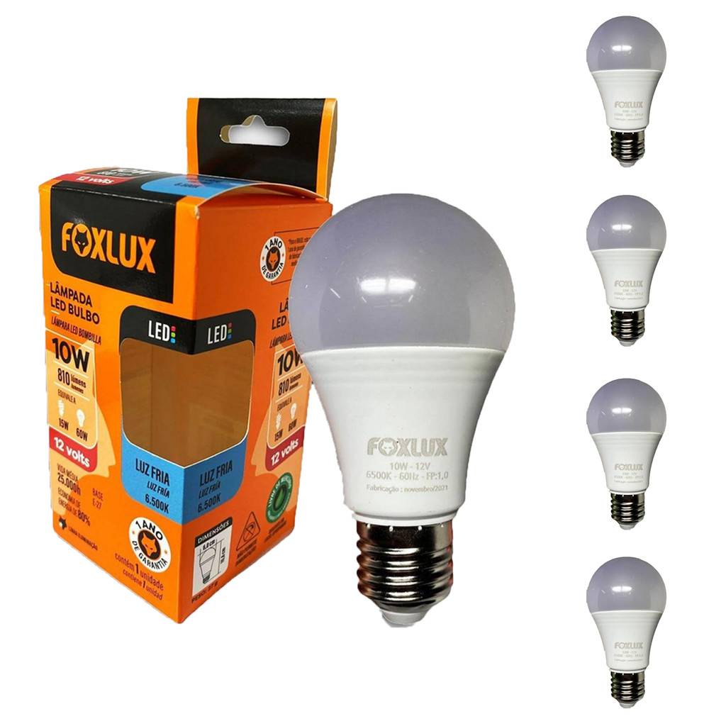 Kit 5 Lâmpadas LED Bulbo A60 Foxlux 10W 12V 6500K | luz branca intensa, economia de energia