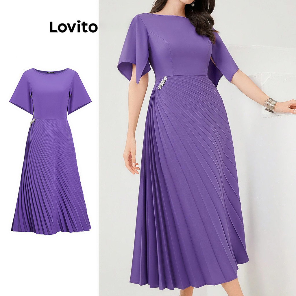 Lovito Vestido Elegante Liso Plissado Com Strass Para Mulheres L99ED941 em Oferta na Shopee