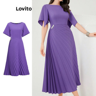 Lovito Vestido Elegante Liso Plissado Com Strass Para Mulheres L99ED941 em Oferta na Shopee