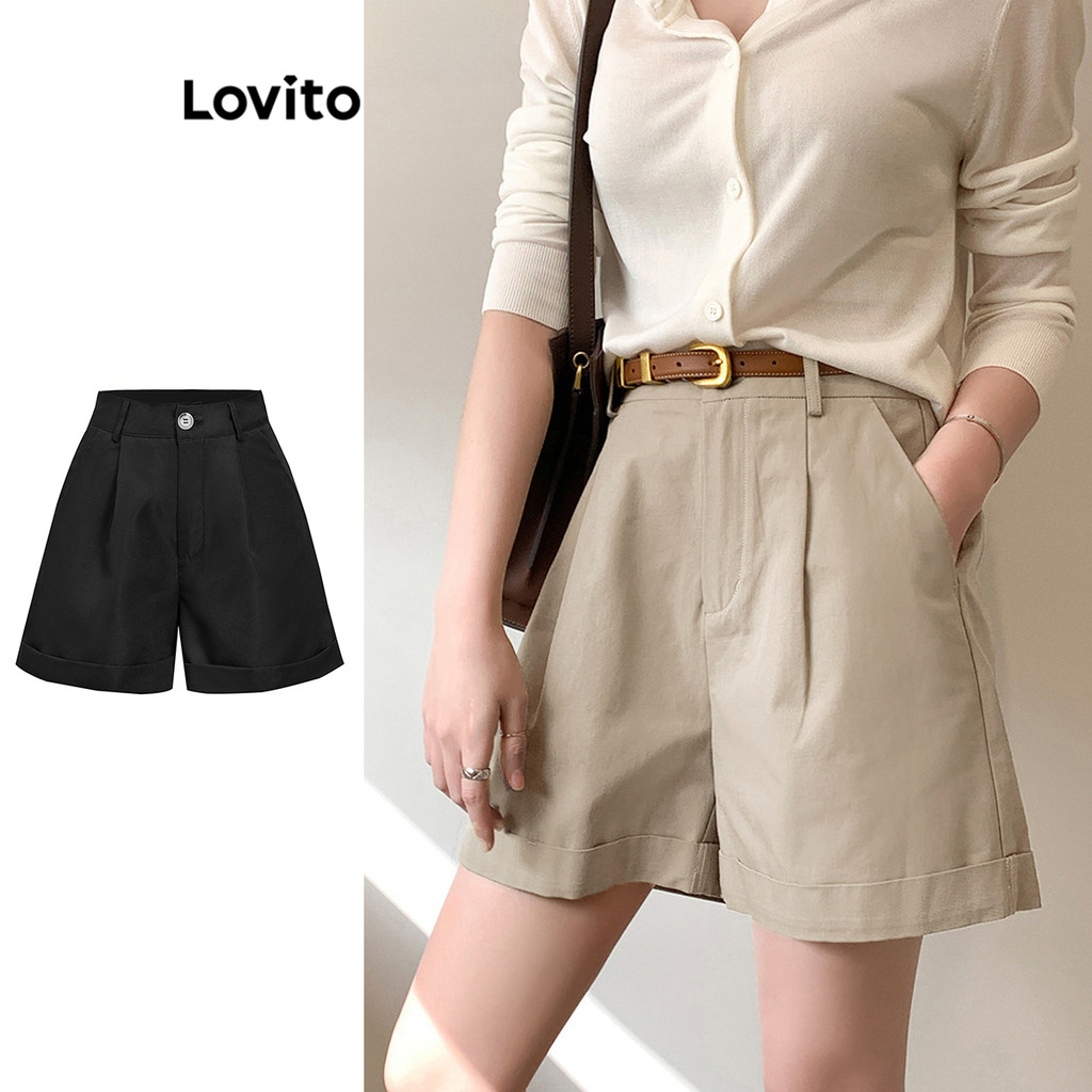 Lovito Shorts Casuais Com Zíper Liso Para Mulheres LNA27329