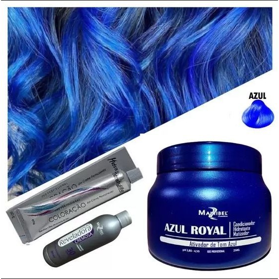 Kit Cabelo Azul Royal Matizador 250g Tinta 60g Ox  30 volumes90ml - Mairibel / Hidratylife