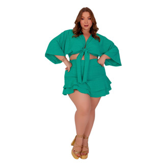 Conjunto Feminino Short Saia Cropped Com Manga Plus Size