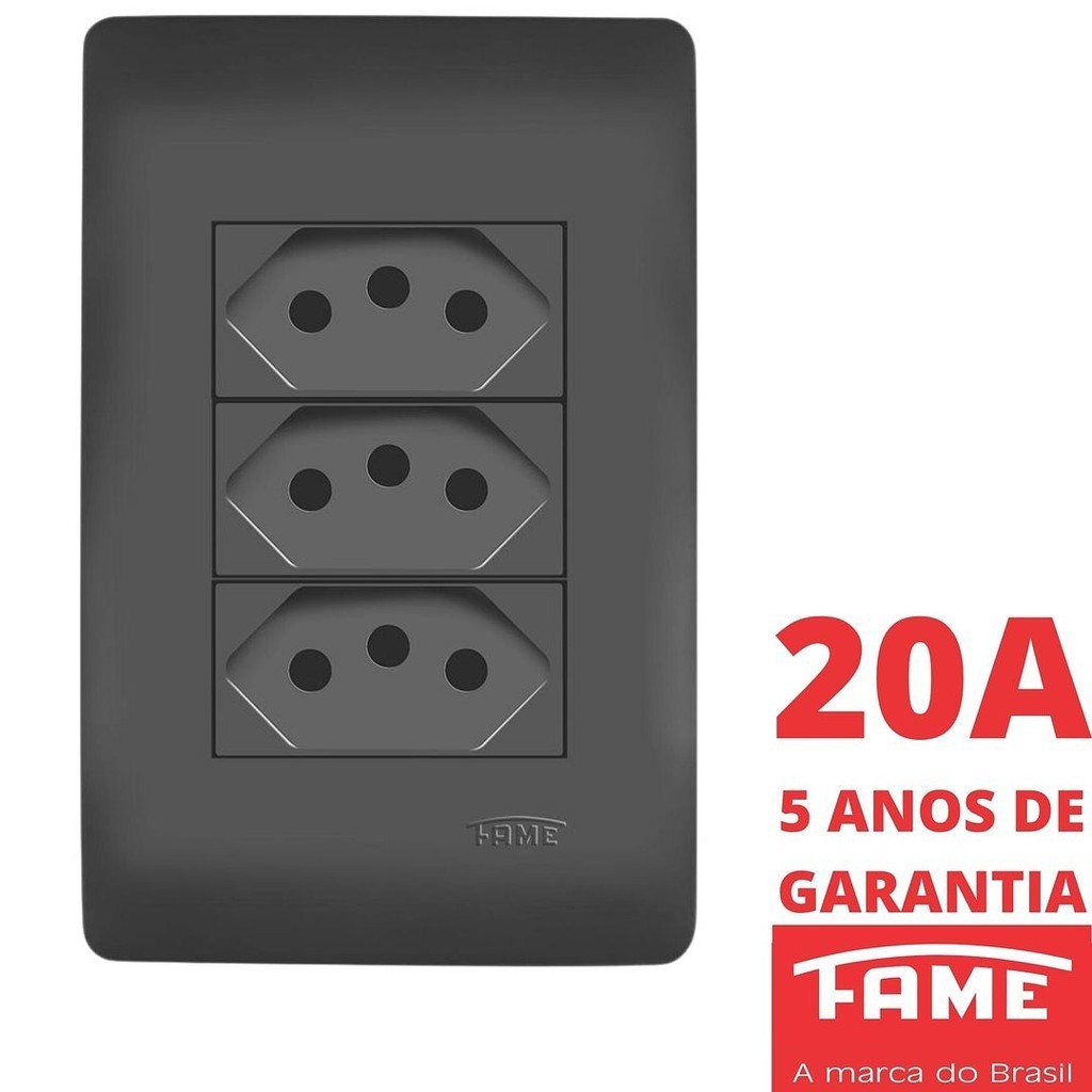 Tomada Padrão Tripla 2P+T 20A Com Placa Habitat Black Preto FAME