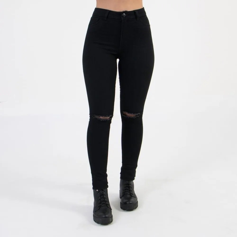 Calça Jeans Skinny Preta Cintura Alta Detalhe Rasgado Joelhos Corte Do Jeans Moderno Moda Feminina