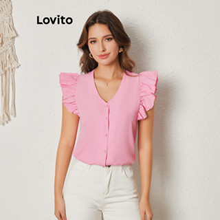 Lovito Casual Blusa Feminina Lisa com Babados e Botão Frontal LBL08246