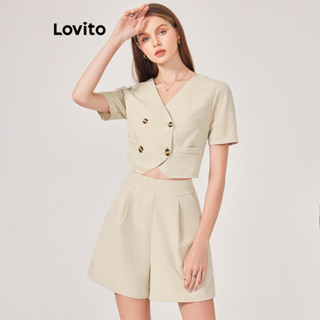 Lovito Casual Conjunto Feminino Liso Cropped de Shorts com Botão e Bolso L71ED122 (Conjunto Damasco/Terno Damasco/Shorts Damasco/Terno Preto/Shorts Preto)