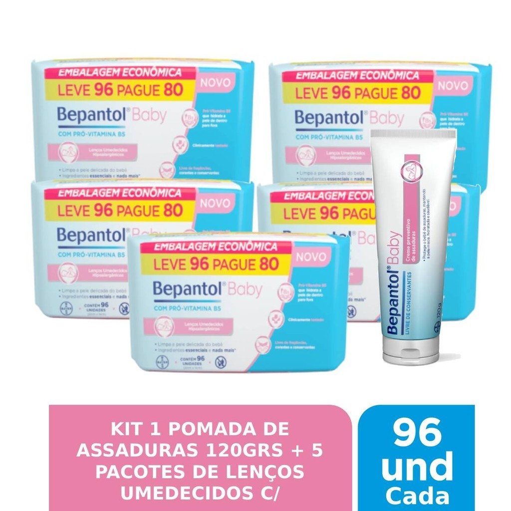 Kit 1 Pomada Assadura + 5 Lenços Umedecidos 96un - Bepantol - Mom & Baby