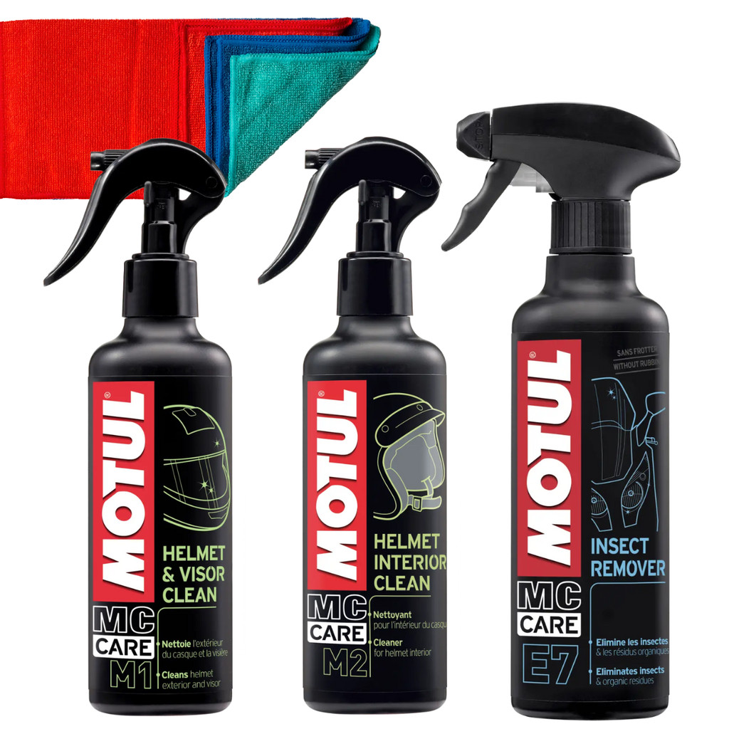 KIT MOTUL MC CARE M1 HELMET & VISOR CLEAN 250 ML + M2 HELMET + E7 INSECT REMOVER  + PANO em Oferta na Shopee