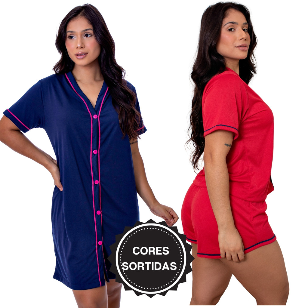 Kit Camisola com Baby Doll Americano Blogueira Abre Fácil Botão Amamentação Feminino