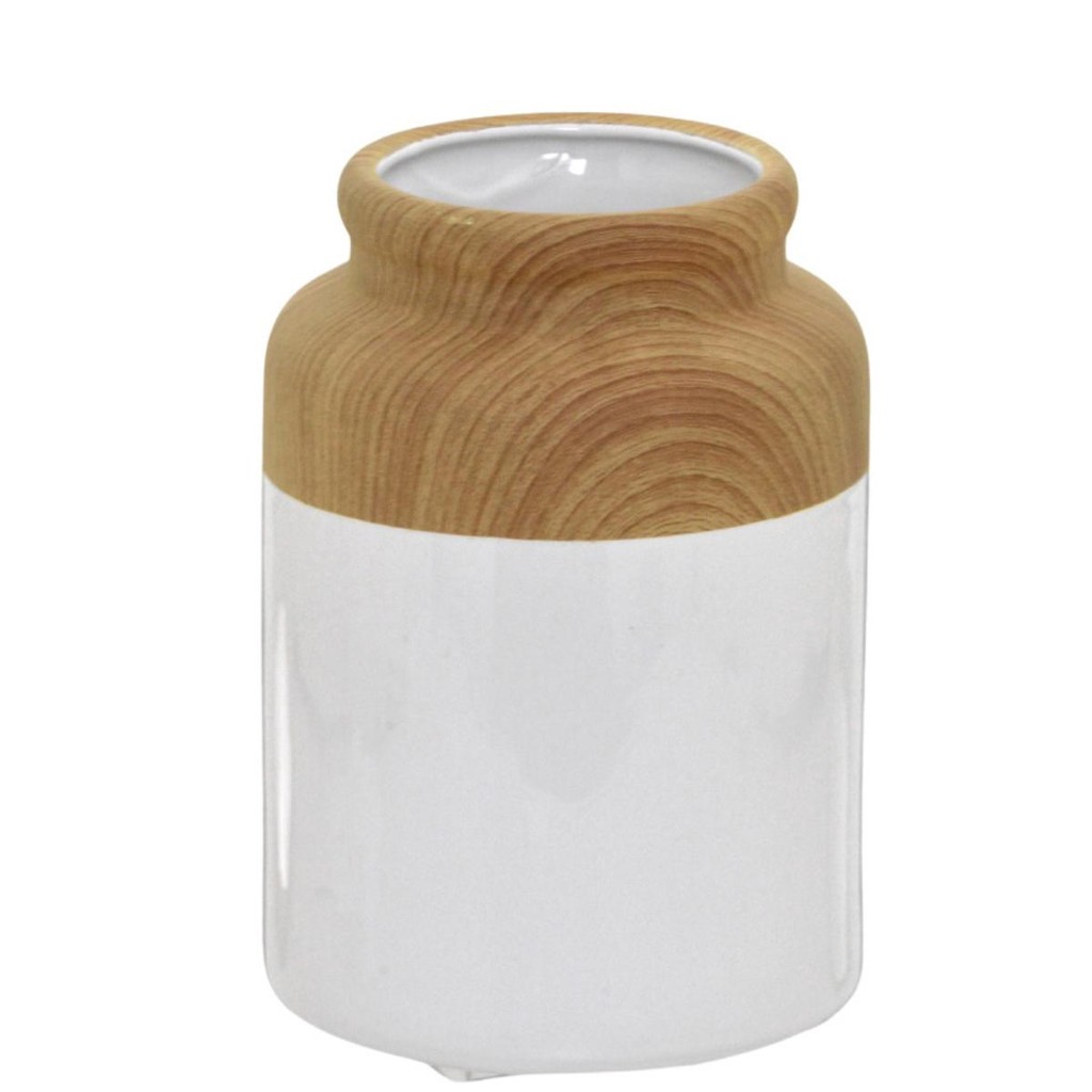 VASO DECORATIVO CERAMICA AMADEIRADO BRANCO E MARROM 25CM