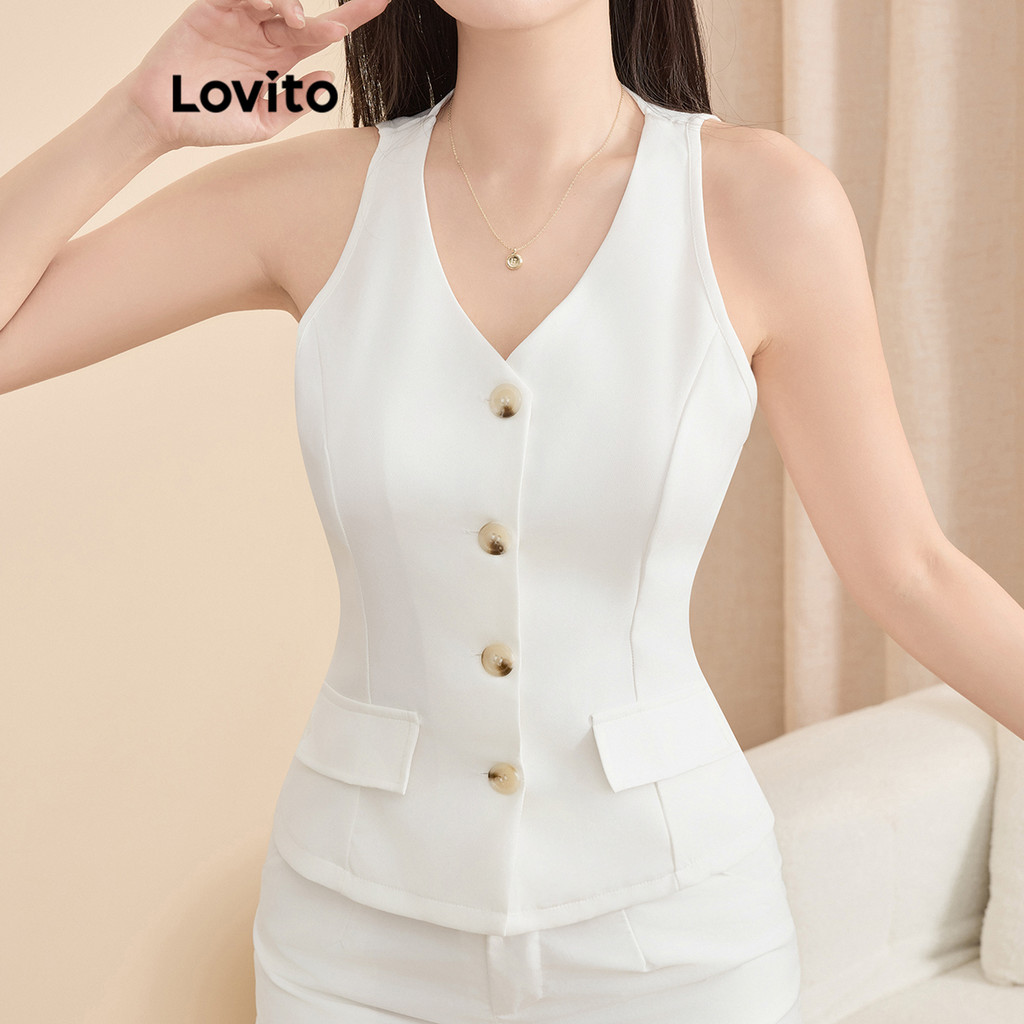 Lovito Regata Casual Com Botões Lisos Para Mulheres L121AD1285 - Women Clothes