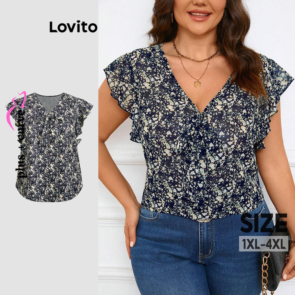Lovito Blusa Plus Size Curve Casual Ditsy Floral Ruffle para Mulheres LBL20369 - Women Clothes