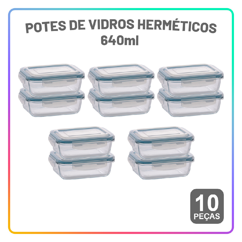 Pote de Vidro Hermético 10 peças 640ml Conjunto com tampa 4 Travas Mantimentos Marmita Mic...