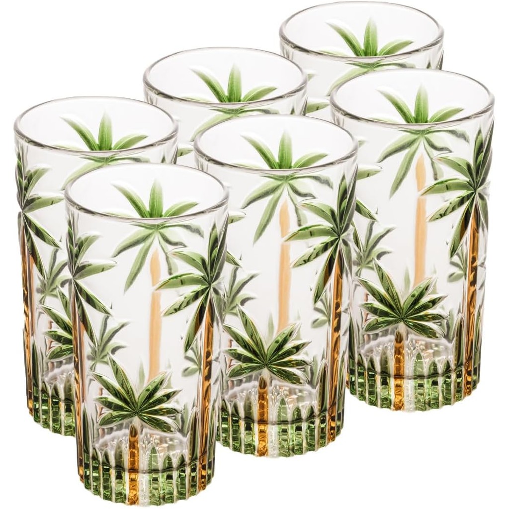 Jogo de Copos e taças Palm Tree Longos de Cristal 6 Peças Palmeira Verde Pintura à Mão 350...