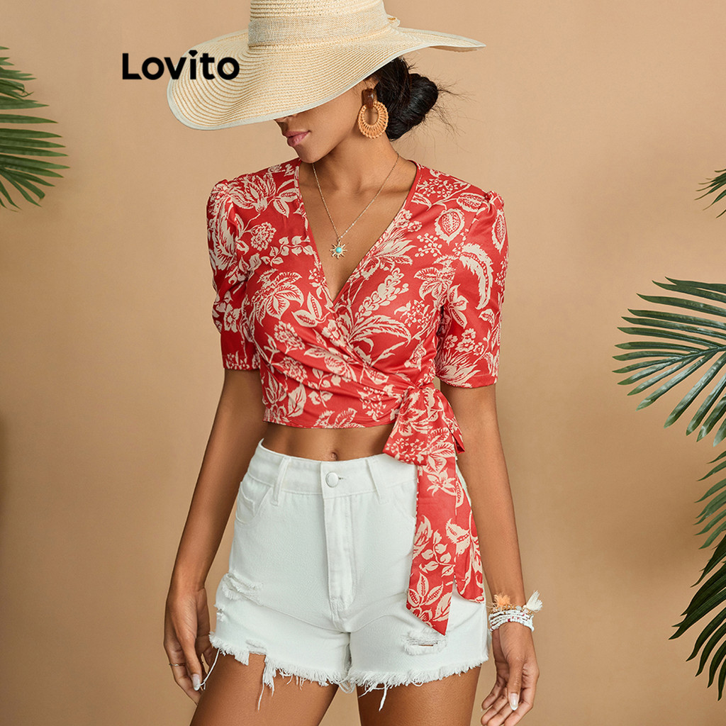Lovito Blusa Boho Tropical Lace Up para Mulheres LBL20015 - Women Clothes