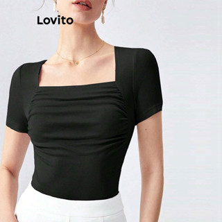 Lovito Camiseta Feminina Casual De Malha Canelada Lisa LNL36138 (Preto)