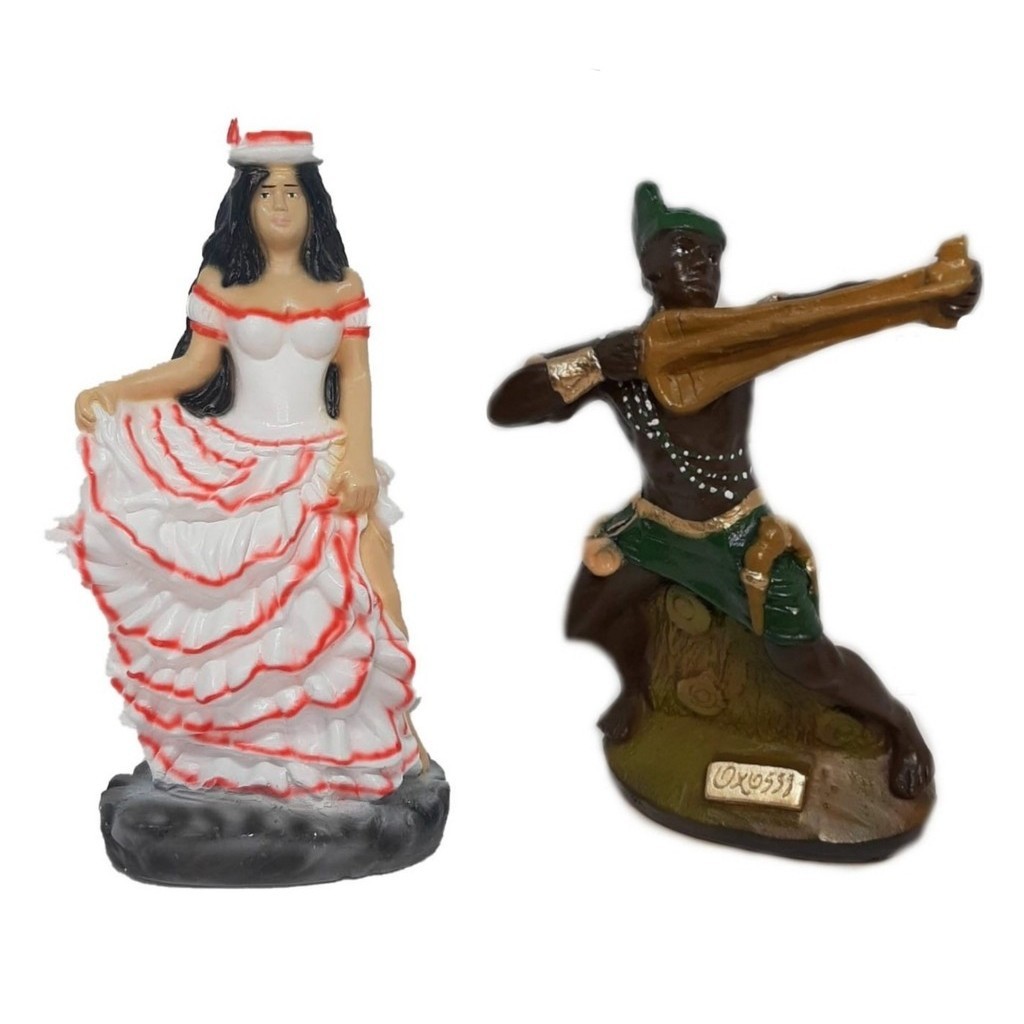 Escultura Estatueta Estátua Orixá Oxóssi E Pombagira Maria Navalha Malandra Imagem Em Gesso 22cm Umbanda Candomblé Altar Congá Porteira Tronqueira
