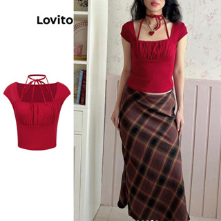 Lovito Casual Camiseta Lisa Franzida com Amarração para Mulheres L80ED057