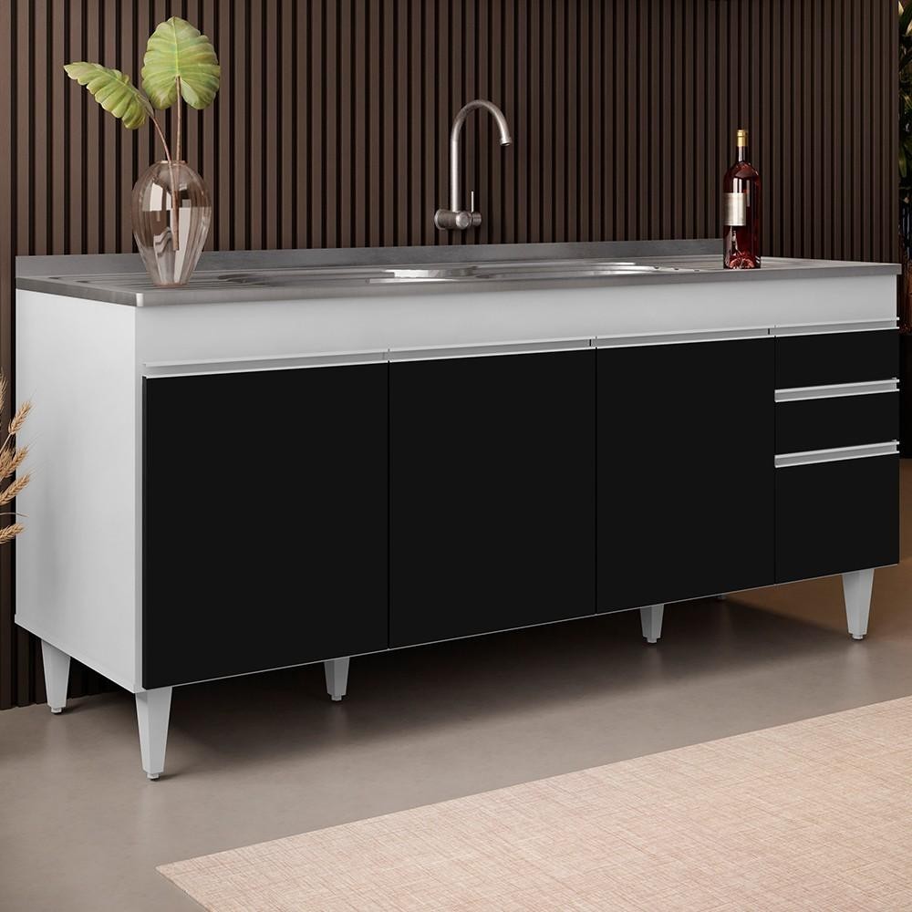 Balcão Gabinete Com Pia 180cm Dallas Branco/Preto - Lumil - Home & Living