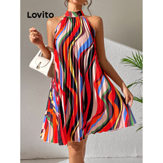 Lovito Elegante Vestido Feminino Listrado de Arco-Íris Plissado LBL08371