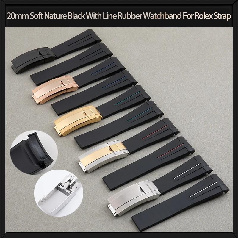 20mm Natureza Macia Preto Com Linha Pulseira De Borracha Para Rolex Cinta Submariner DAYTONA GMT Iate-Master Curvada Fin