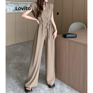 Lovito Macacões Elegantes Com Gravata Lisa Frontal Com Bolso Falso Para Mulheres LNE42063