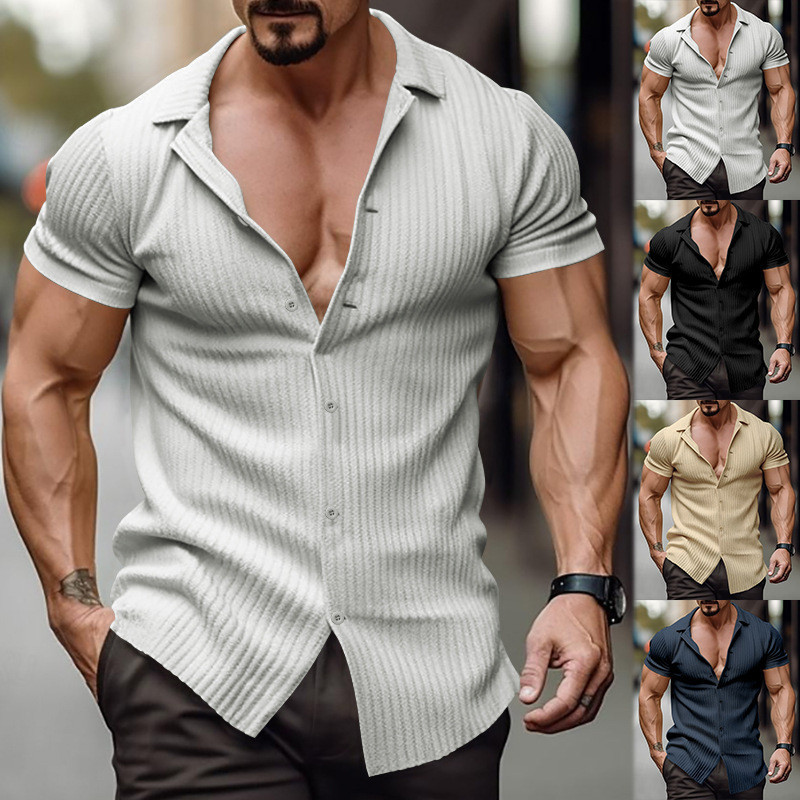 M-3XL Camisas masculinas de manga curta Camisas da moda Verão Moda Casual Slim-fit Vertical Listrado Camisas de lapela d