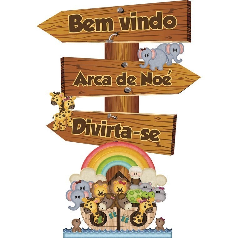 2 peças Placa setas DE CHÃO direção Arca de Noé 65cm + 1 display 25cm DE MESA - DECORAÇÃO FESTA