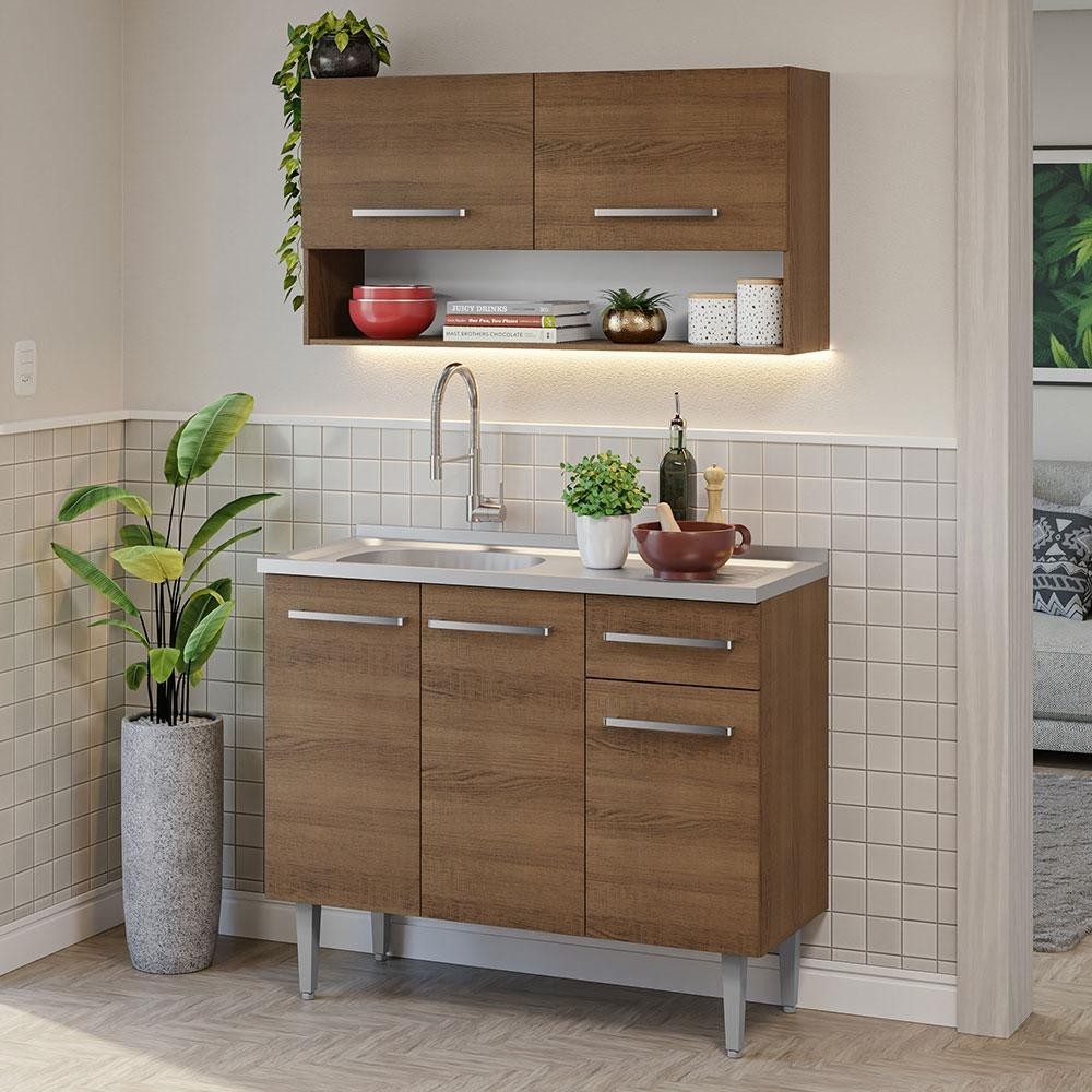 Armário de Cozinha Compacta 105cm com Pia Rustic Emilly Madesa 04 em Oferta na Shopee