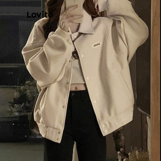Lovito Casaco Casual De Manga Comprida Com Botão Liso Para Mulheres LNA38102 (Off White)