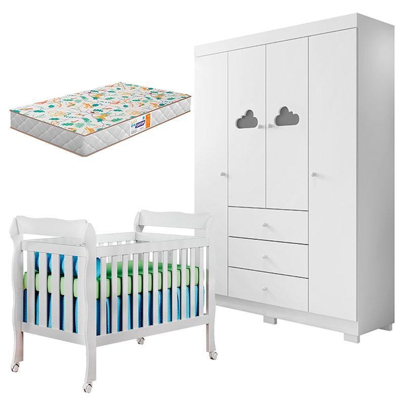 Berço Americano Lila e Guarda Roupa Infantil Ane Branco Brilho com Colchão Gazin – Phoenix Baby