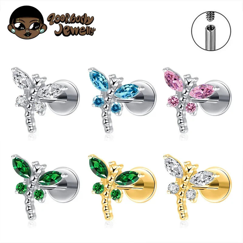 Piercing de Labret Mini Libélula de Titânio ASTM F136 com Zircônia Cúbica, Helix de Orelha, Brinco Tragus Plano em Oferta na Shopee