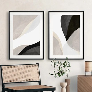 Quadro decorativo 2 peças 40x60 Minimalista preto bege geométrico moderno arte abstrata contemporânea