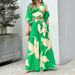 Novo estilo feminino temperamento de deslocamento de mangas de lanterna Blusa curta de cintura alta calça de perna larga elegante e casual (86478)