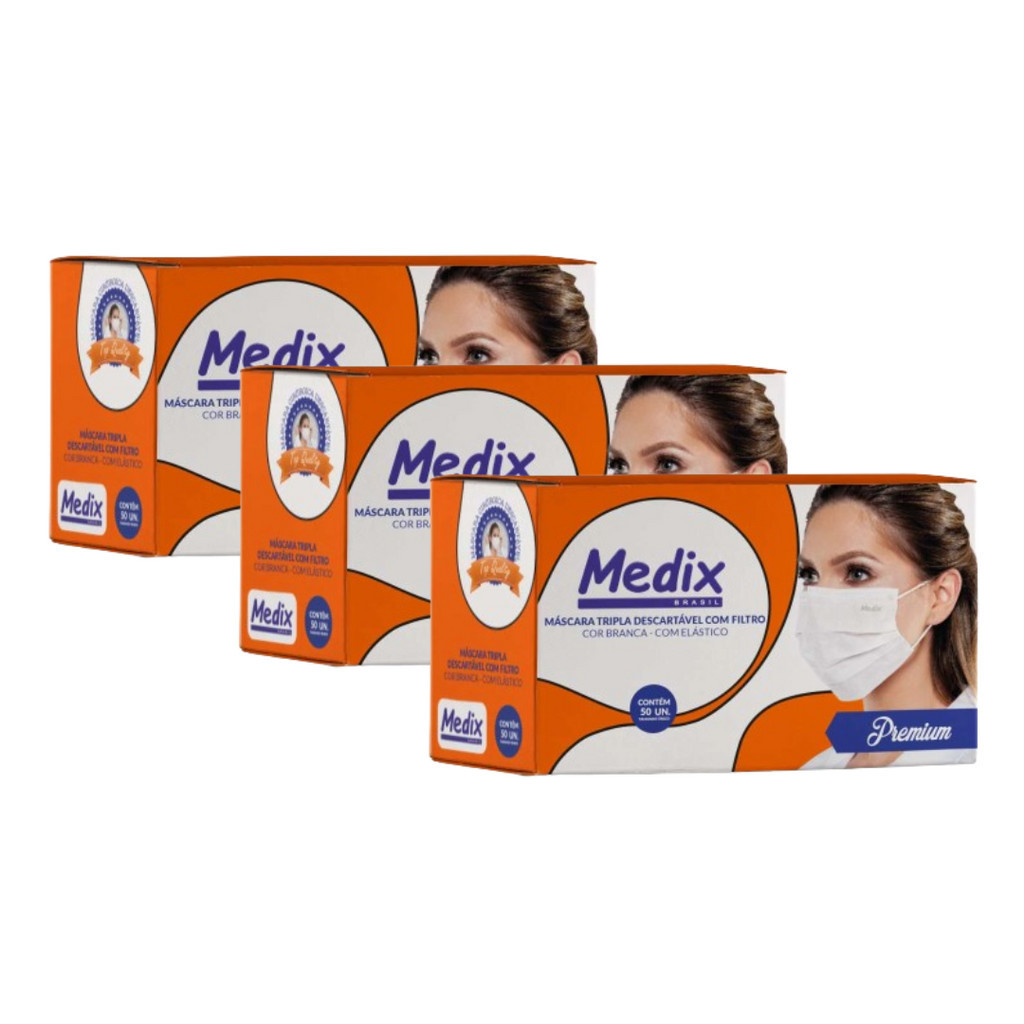 Máscara Tripla Medix Descartável Com Filtro Branca 50 Unidades - Kit com 3 Caixas em Oferta na Shopee