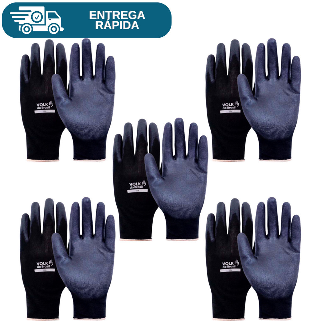Kit 5 Prs Luva De Segurança Multitato Tatil Tato Poliamida Com Banho PU Antiestática Mecânico Pedreiro Serviços Gerais