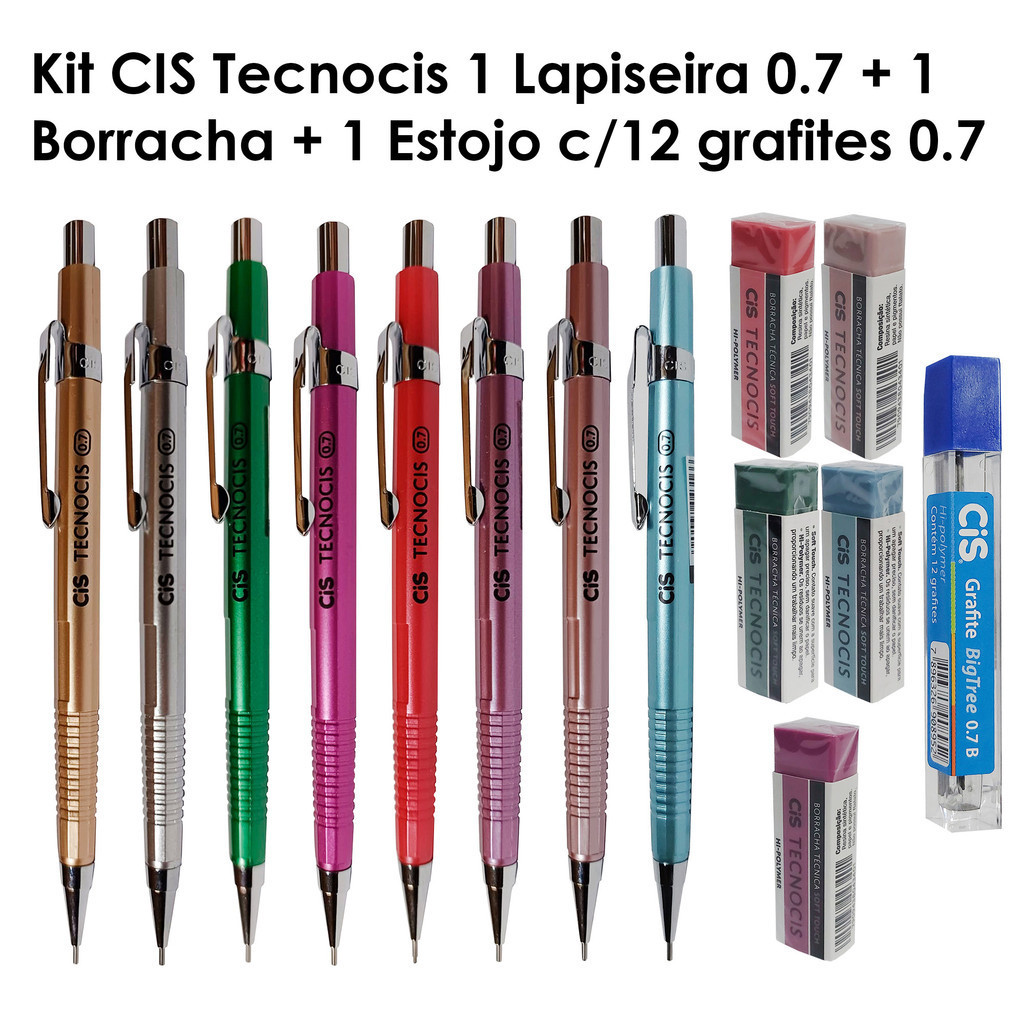 Kit Cis 1 lapiseira Tecnocis 0.7 + 1 borracha + 1 estojo c/12 grafites 0.7 em Oferta na Shopee