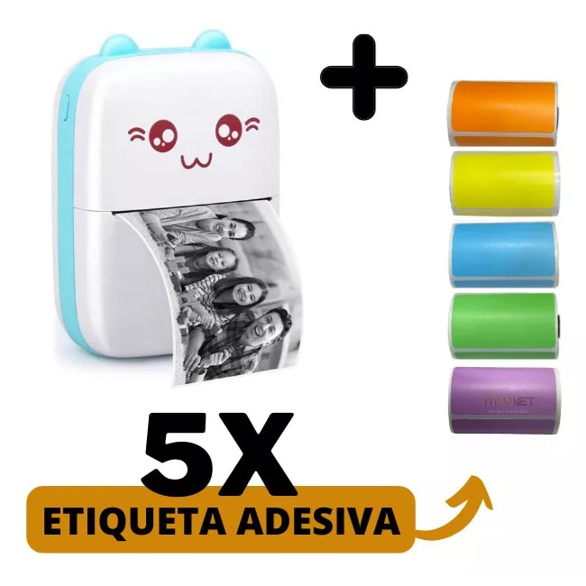 Impressora gatinho + 6 Rolos etiqueta Adesiva Colorida 50x30