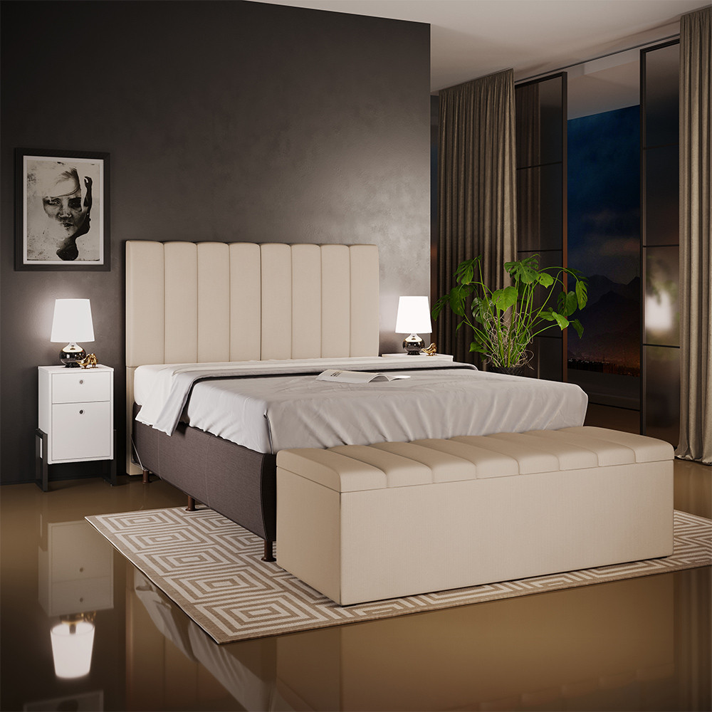 Kit Cabeceira Cama Box Casal King 195cm com Calçadeira Baú Dália W01 Suede Bege - Lyam em Oferta na Shopee