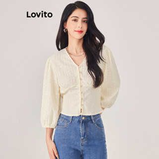 Lovito Casual Blusa Feminina Lisa de Jacquard com Botão Frontal L71ED247 (Damasco/Preto)