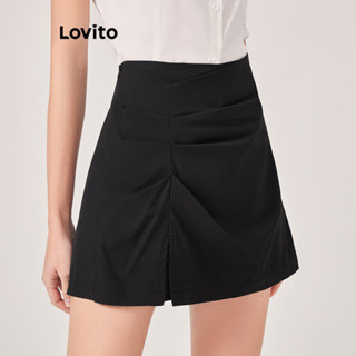 Lovito Casual Shorts Feminino Liso Plissado L71ED238 (Preto)