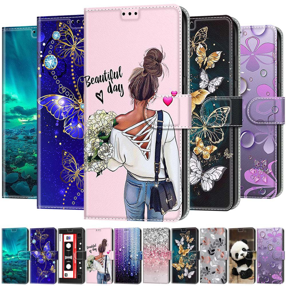Capa Para Telefone De Couro Samsung Galaxy A05 A05S A15 A25 A35 A55 A14 A24 A34 5G Porta-Carteira Pintada Com Borboleta Gatos