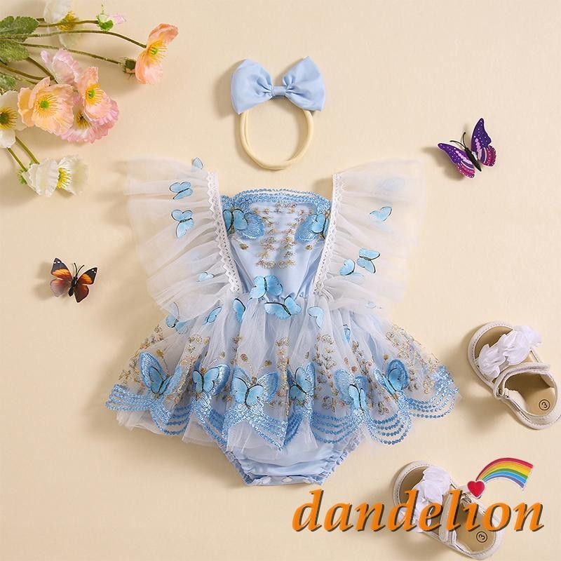 Macacão para bebês meninas com faixa de cabeça, acabamento em renda, padrão de borboleta, manga de mosca bordada, bainha de tule, roupas infantis em Oferta na Shopee