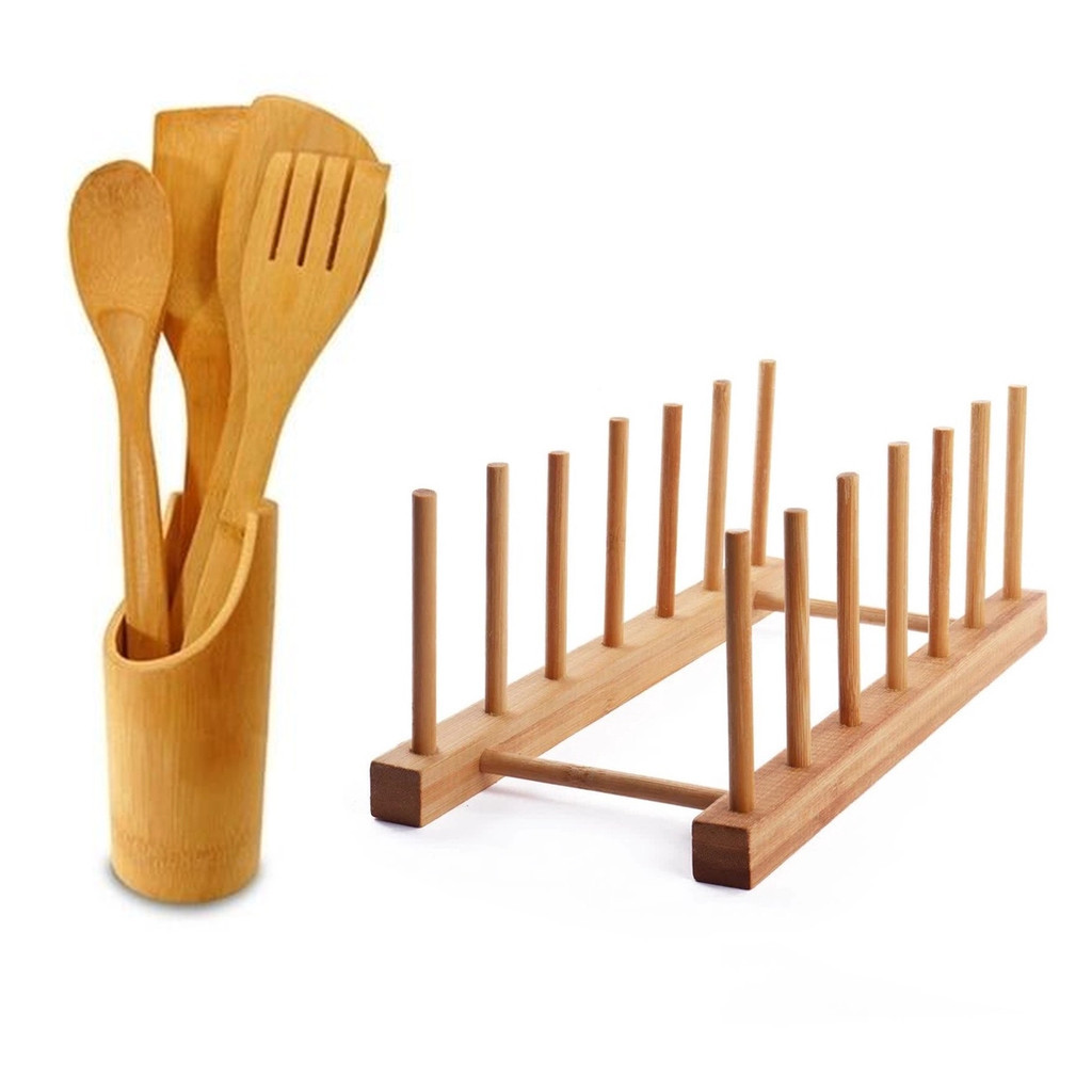 Kit 5 Utensílios De Bambu + Escorredor De Louça 6 Divisórias