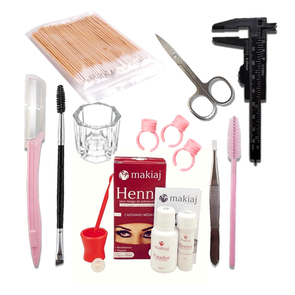 Kit Henna Designer Sobrancelhas Profissional e Fixação Rena Makiaj De Sobrancelha com Palito