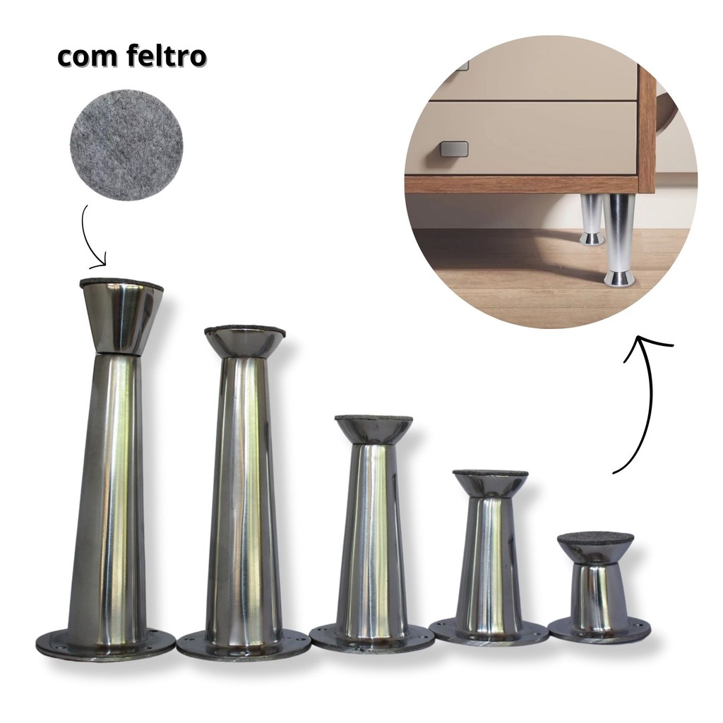Kit c/ 6 Pés de Alumínio Cônico para Móveis e Armário com Regulagem e Parafusos em Oferta na Shopee