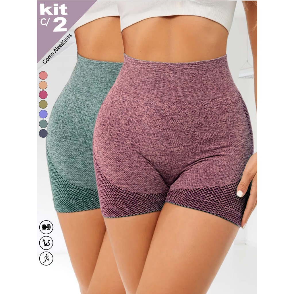 KIT c/2 Peças SHORT ACADEMIA FITNESS CINTURA ALTA LEVANTA EMPINA BUMBUM PUSH UP YOGA ESPORTE