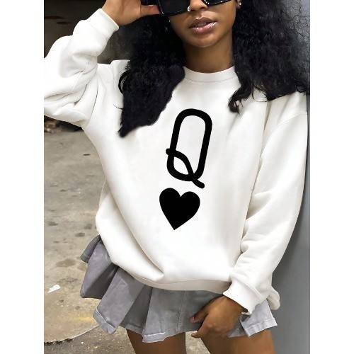 Moletom Feminina , Estampa de Carta de Baralho com Letra Q Vermelha, Casual, Primavera/Outono, Manga Longa LANÇAMENTO