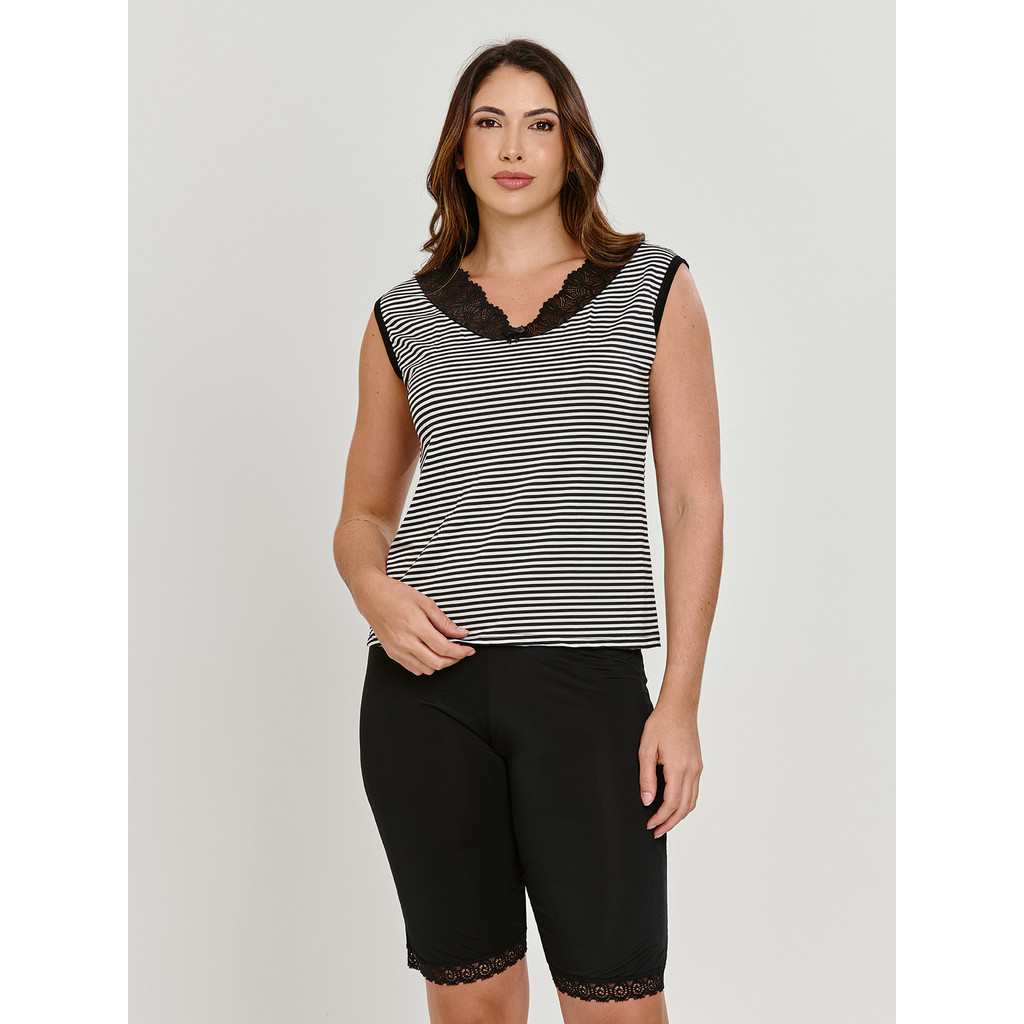 Pijama Feminino Pescador Camisa Listrada Conjunto Confortável para dormir com detalhes em Renda