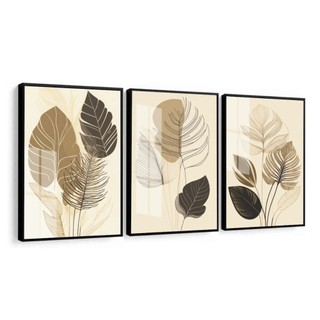 Quadros Decorativos 50x30 Folhagem Folhas Neutro Moderno Mosaico Sala Quarto Escritório Premium